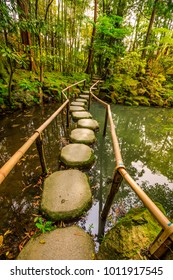 Stepping stones in Tenjuan garden at Nanzen-ji, a Zen Buddhist Temple in Higashiyama District, Kyoto, Japan. Vertical shot.