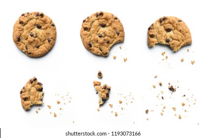 Steps of chocolate chip cookie being devoured. Isolated on white background. - Shutterstock ID 1193073166