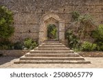 Steps at the church Agios Dimitrios, the oldest church on the site of the 13th century Byzantine fortress in Mystras, Greece.