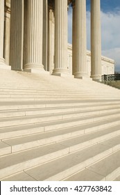 Steps And Columns Of West Portico Of United States Supreme Court In Washington, D.C. Seat Of Judicial Branch Of Government.