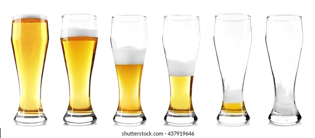 Steps of discharge glass of beer. Drinking beer process, isolated on white