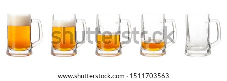 Steps of discharge glass of beer on white background. Drinking beer process