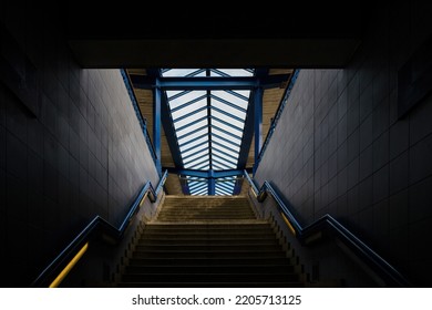 The steps go up. Metro stop, railway station. Stair inside the metro, subway with cleanly steel handrail. modern platform with granite staircase. - Powered by Shutterstock