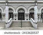 steps leading to borough hall, downtown brooklyn federal post office and bankruptcy court (cadman plaza) arches, columns, stairs (building entrance)