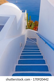 Steps leading down to a hotel or hostel in Santorini, Greece 