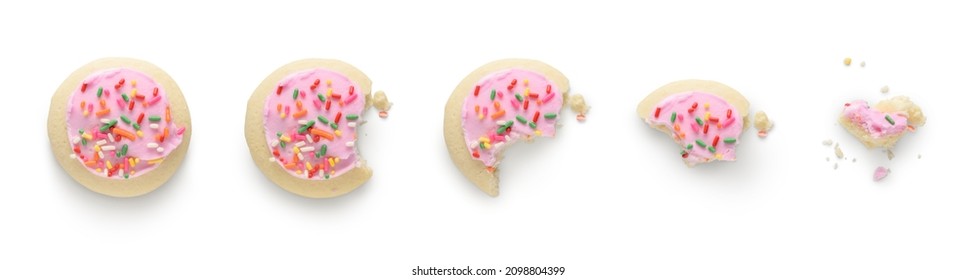 Steps of pink cookie being devoured. Isolated on white background. - Shutterstock ID 2098804399