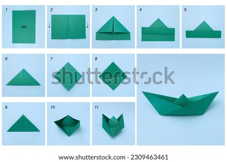 Steps, tutorial making paper ship origami.