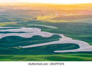 Steptoe Butte State Park, Washington, USA. Sunset View Of Wheat Fields In The Rolling Palouse Hills.