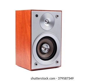 Stereo Sound System Isolated On White Background. Stereo Speakers In Wooden Case