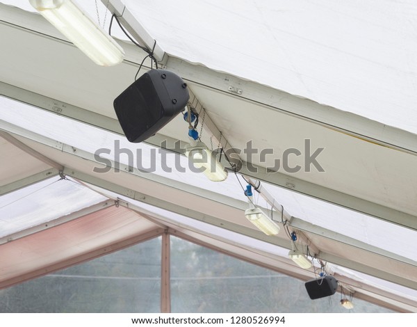 Stereo Speakers Neon Lights On Ceiling Stock Photo Edit Now