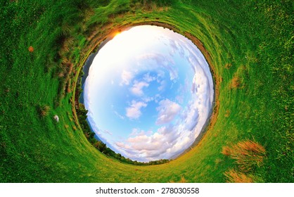 Stereographic Panoramic Projection Of A Green Field In The Summer