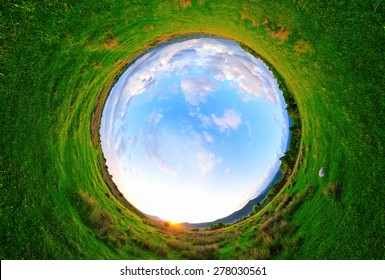 Stereographic Panoramic Projection Of A Green Field In The Summer