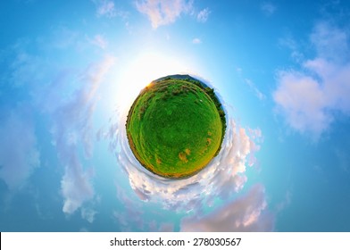 Stereographic Panoramic Projection Of A Green Field In The Summer