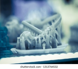 Stereolithography 3D Printer, Technology Of Liquid Photopolymerization Under UV Light. Concept Of 4.0 Industrial Revolution. Modern Additive And Medical Technologies