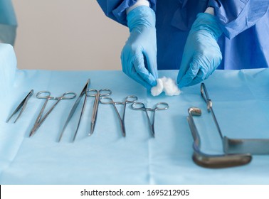 Sterile curettage instruments, forceps, retractor in the operating room of a medical hospital for the treatment of abortion, abnormal female menstruation or bleeding. Doctor, special clothing
