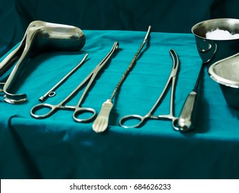 Sterile curettage tools, forceps, retractor in operation room at medical hospital for treatment of abortion, abnormal female menstruation period or bleeding, miss carriage