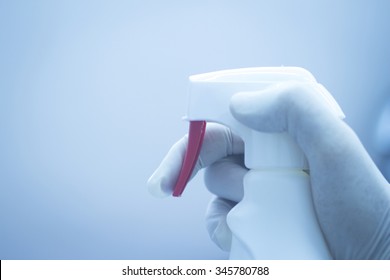 Sterile Detergent Cleaning Spray In Hand Glove In Real Life Hospital Clinic