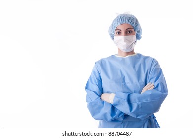 sterile femal nurse or surgeon wearing a sterile blue suit or gown waiting on the operation theater.