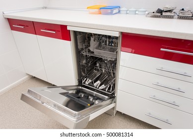 Sterilization Room. Built-in Washer Machine In Dentistry With Equipment. Modern Dental Office.