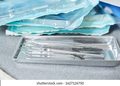 Sterilized Medical Dental Steel Tools, Closeup, Sterilization Department Of Dental Clinic.