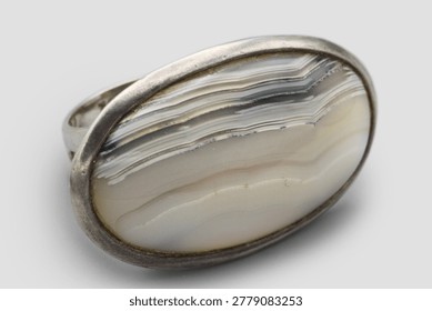Sterling Signed Agate Ring, 925 Silver Statement Ring, Banded Agate Cocktail Ring, Beige Grey Crazy Lace Agate, Large Oval Stone, Minimalist Gemstone Artisan Jewelry, Sterling Gemstone Ring, Handmade Striped Stone, Simple Minimalist, Agate Gemstone, Mens Womens Contemporary Jewelry