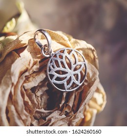 Sterling Silver Lotus Shape Pendant On Rose Dry Blossom