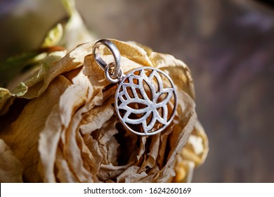 Sterling Silver Lotus Shape Pendant On Rose Dry Blossom