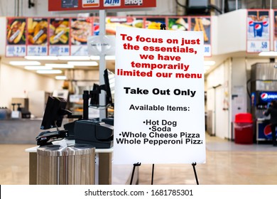 Sterling, USA - March 23, 2020: Costco discount membership club store during Coronavirus Covid-19 outbreak with sign for orders from food court shortage limit