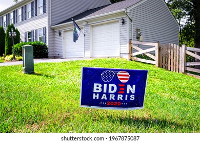 Sterling, USA - September 15, 2020: Closeup Of Presidential Election Political Yard Lawn Sign Poster For Joe Biden Harris 2020 In Northern Virginia Suburbs With Brick House Exterior