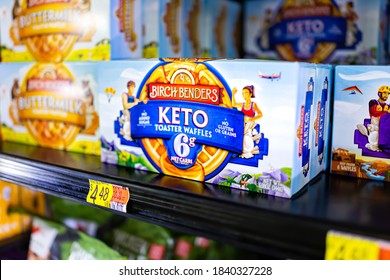 Sterling, USA - September 28, 2020: Closeup Of Birch Benders Keto Breakfast Meal Toaster Waffles On Retail Grocery Shelf In Walmart Supermarket With Price Tag Label