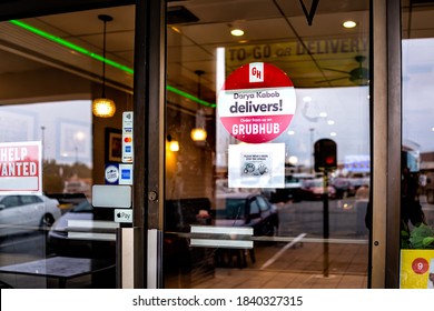 Sterling, USA - September 9, 2020: Sign For Darya Kabob Business Door Entrance On Window With Text For Grubhub Delivery Takeout And Help Wanted In Virginia