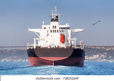 Stern Of A Large Tanker Cargo Ship On Route To Bosporus Strait In Black Sea. Turkish Water Transport Concept