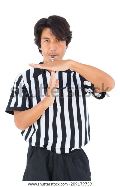 Stern\
referee showing time out sign on white\
background