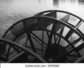 Stern wheel drive on a 155' riverboat providing tours on the North Saskatchewan River below Edmonton, Alberta, Canada