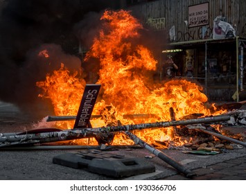 Sternschanze Hamburg - Germany July 7, 2017: Street Fire During G20 Riot On Schulterblatt