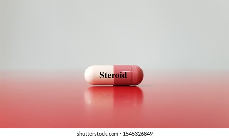 Steroid Drug With Clear Copy Space Background. Steroid Medication Used To Treatment Inflammatory Or Autoimmune Disease As Asthma, COPD, Rheumatic Disorder,allergy, Gout, Lupus Nephrotic Syndrome 