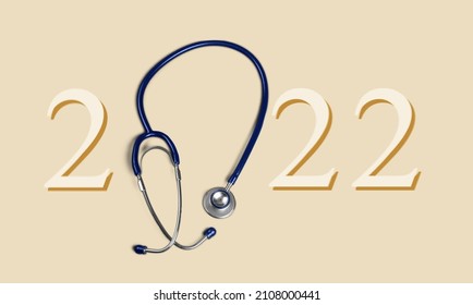 Stethoscope With 2022 Number On Background. Happy New Year For Healthcare, Insurance