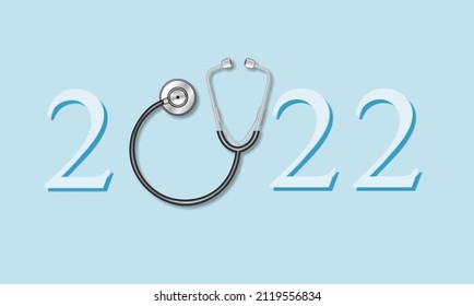 Stethoscope With 2022 Number On Background. Happy New Year For Healthcare, Insurance