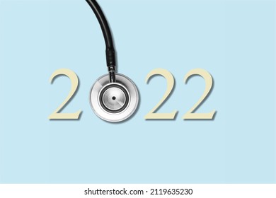 Stethoscope With 2022 Number On Background. Happy New Year For Healthcare, Insurance