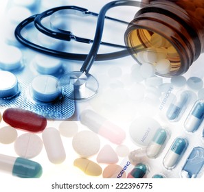 Stethoscope and assorted pills