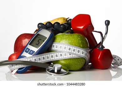 Stethoscope With Blood Sugar Control Glucometer Glucose Meter, Fruits And Dumbbells For Using In Fitness, Concept To Control Diabetes, Exercise In Diabetes Patients And Healthy Lifestyle Concept