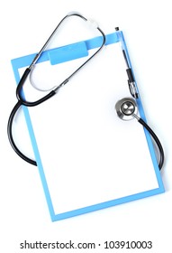 Stethoscope And Blue Clipboard Isolated On White