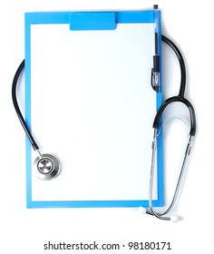 Stethoscope And Blue Clipboard Isolated On White