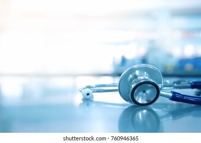 stethoscope for doctor checkup on health medical laboratory table background - Shutterstock ID 760946365
