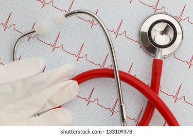 Stethoscope With An EKG Readout And Gloves.