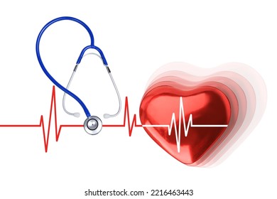 Stethoscope hearing heart wave Red line wave of heart beat isolated on white background. This has clipping path.