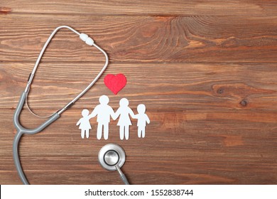 stethoscope and heart on a colored background top view. Family medicine

