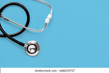 Stethoscope isolated blue background  The stethoscope is medical instrument for listening to the action someone's heart breathing  and copy space for your text 