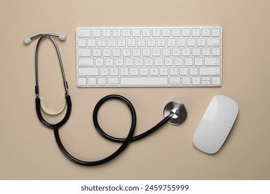 Stethoscope, keyboard and computer mouse on beige background, flat lay - Powered by Shutterstock