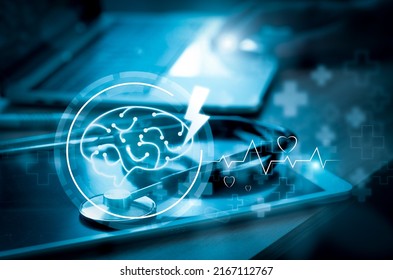 Stethoscope Lies On Tablet PC And Brain White Icon Medical With Hand Doctor Using Laptop Working Analyzing Data. Examination And Healthcare Business Technology Network Concept. Double Exposure